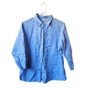 L. L. Bean Womens L blue 100% linen 3/4 sleeve button up blouse coastal preppy